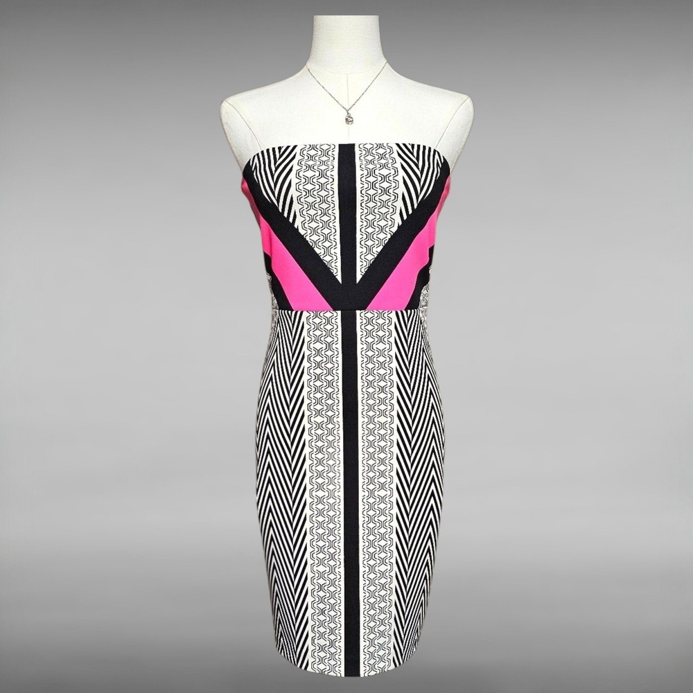Express Strapless Geometric Bodycon Dress Pink Black White Chevron Sheath Size 6
